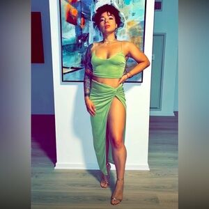 Fashion Nova Slinky High Slit Skirt Set - Green - XS